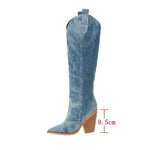 Load image into Gallery viewer, Denim Knee-High Boots | Pointed Toe | Western Block Heel Design
