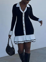Load image into Gallery viewer, Contrast Knit Mini Dress | Slim Fit | Button Front | Ruffle Hem