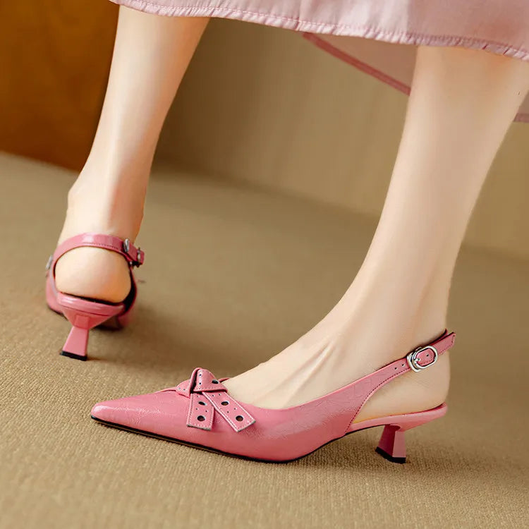 Talons Slingback à Orteil Pointu | Cuir Véritable | Détail Noeud