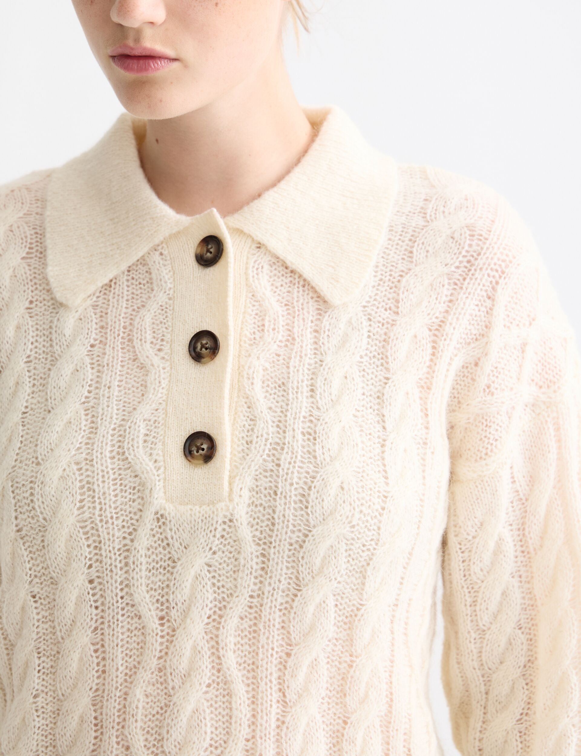 Pull en Maille Cable | Mélange Mohair et Laine | Col Polo