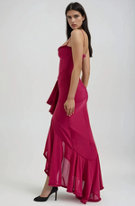 Load image into Gallery viewer, Lueur Ruffle Satin Maxi Dress | Spaghetti Straps, Waterfall Front, Train Hem