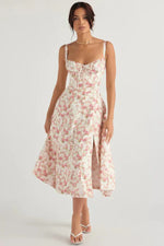 Load image into Gallery viewer, Clarté Floral Corset Midi Dress | Sweetheart Neckline, Slit Skirt, Spaghetti Straps