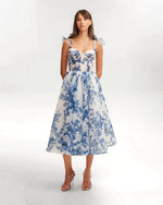 Load image into Gallery viewer, Floral Organza Midi Dress | Sweetheart Neck | Spaghetti Straps | Summer