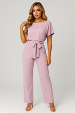 Load image into Gallery viewer, Wide Leg Short Sleeve Jumpsuit | Waist Tie | Boat Neck | Regular Fit