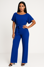 Load image into Gallery viewer, Wide Leg Short Sleeve Jumpsuit | Waist Tie | Boat Neck | Regular Fit