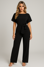 Load image into Gallery viewer, Wide Leg Short Sleeve Jumpsuit | Waist Tie | Boat Neck | Regular Fit