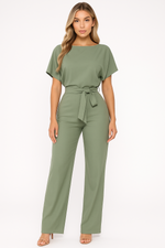 Load image into Gallery viewer, Wide Leg Short Sleeve Jumpsuit | Waist Tie | Boat Neck | Regular Fit