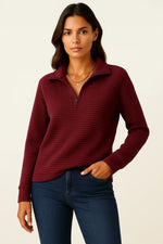 Load image into Gallery viewer, Half Zip Ribbed Pullover | Stand Collar | Relaxed Fit