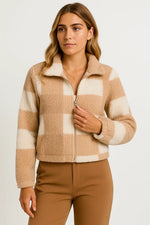 Load image into Gallery viewer, Checked Teddy Jacket | Zip Front | Soft Fleece Finish