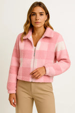Load image into Gallery viewer, Checked Teddy Jacket | Zip Front | Soft Fleece Finish