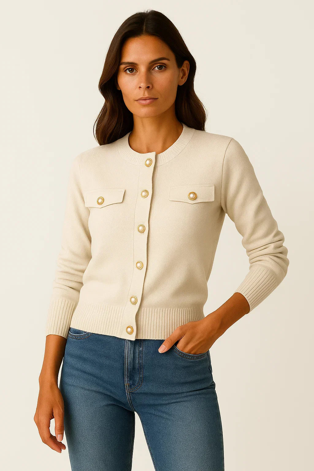 Cardigan en Laine-Coton pour Femme | Tricot à Bouton Perle | Coupe Regular
