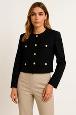 Load image into Gallery viewer, Women’s Cropped Jacket | Gold Button Detail | Structured Polyester Blend