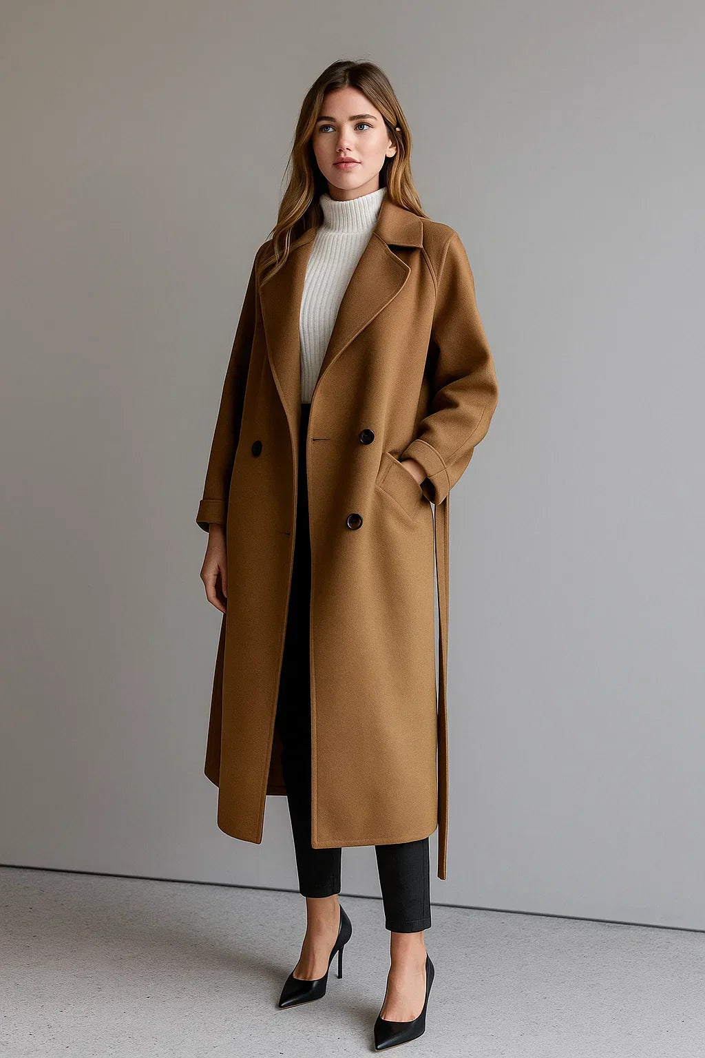 Manteau Long en Mélange de Laine | Coupe Oversize | Design Hiver Ceinturé