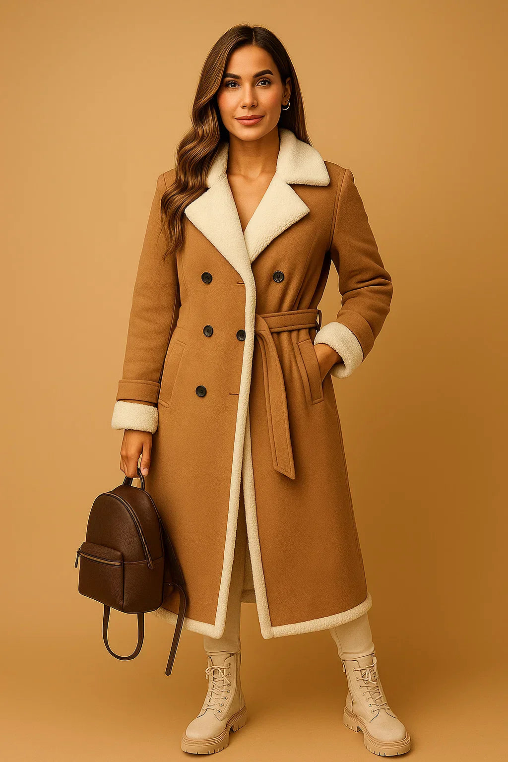 Manteau en Mélange de Laine Double Breasted | Col en Shearling | Vêtements d'Hiver