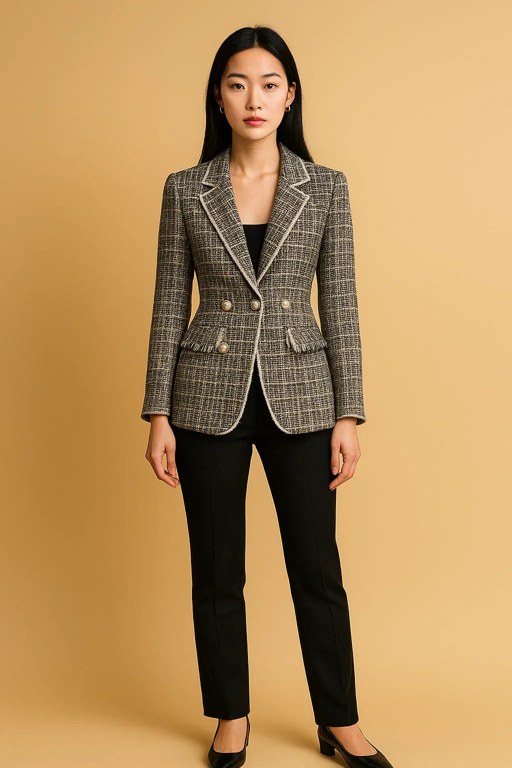 Blazer Tweed Double-Breasted | Boutons Perles | Coupe Structurée