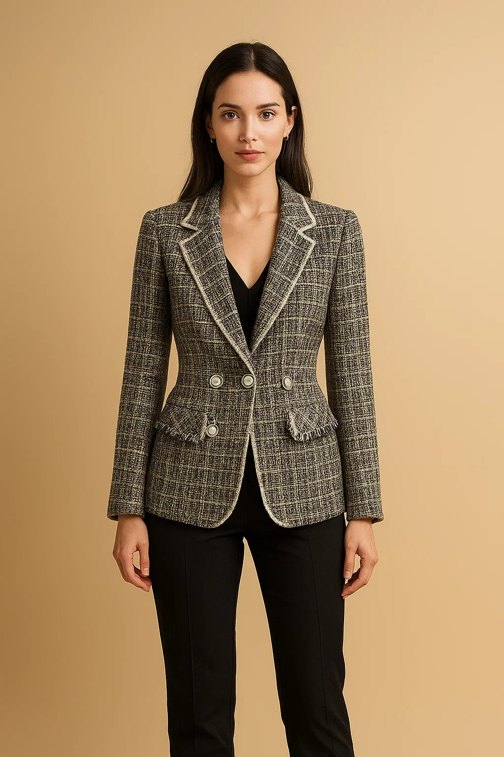 Blazer Tweed Double-Breasted | Boutons Perles | Coupe Structurée