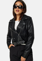 Load image into Gallery viewer, Cropped Faux Leather Biker Jacket | Belted Design