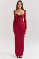 Load image into Gallery viewer, Minuit Satin Lace Maxi Dress | Corset Bodice, Sheer Sleeves, Back Split