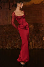 Load image into Gallery viewer, Minuit Satin Lace Maxi Dress | Corset Bodice, Sheer Sleeves, Back Split