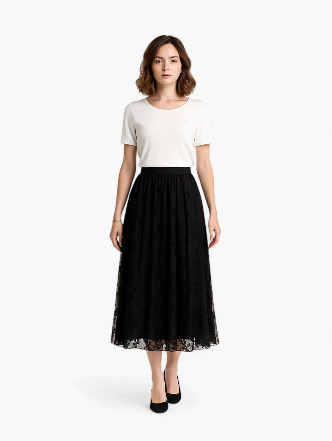 Pleated Midi Skirt | Sheer Floral Mesh Overlay | A-line Silhouette
