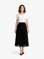 Load image into Gallery viewer, Pleated Midi Skirt | Sheer Floral Mesh Overlay | A-line Silhouette
