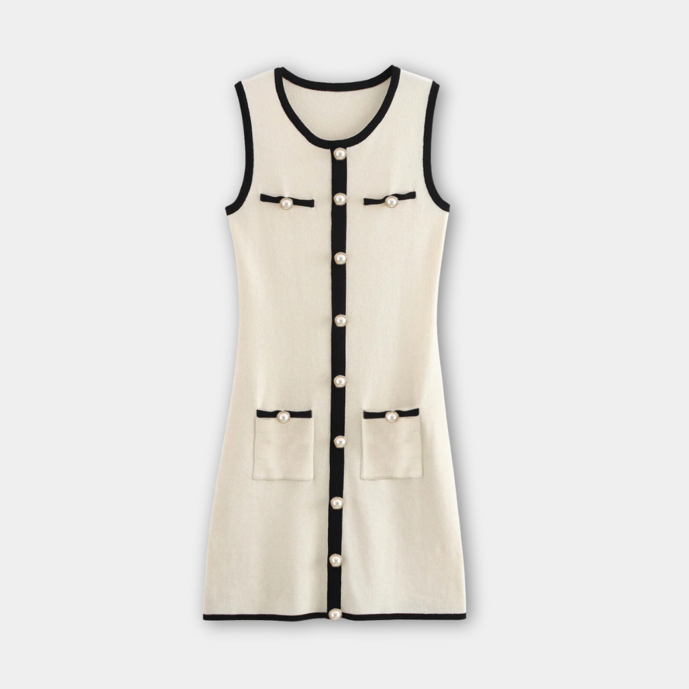 Sleeveless Knit Mini Dress | Contrast Trim | Button Front | Slim Fit