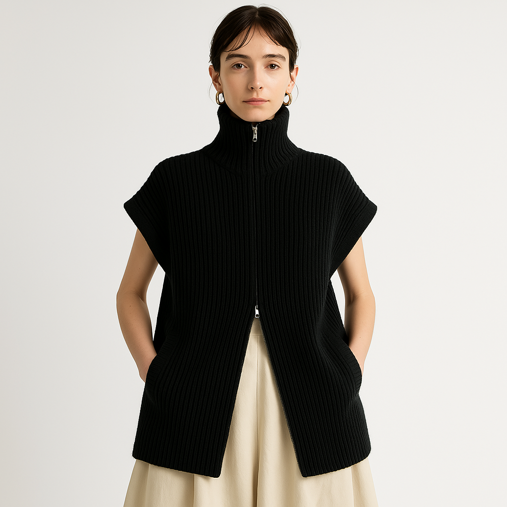 Gilet Zippé en Maille Ribée | Col Haut | Coupe Oversize