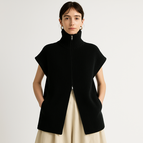Ribbed Knit Zip Vest | High Neck | Oversized Fit