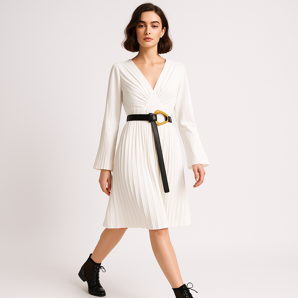 Robe Lina Plissée | Ceinture Contrastante Blanche | Élégance Moderne
