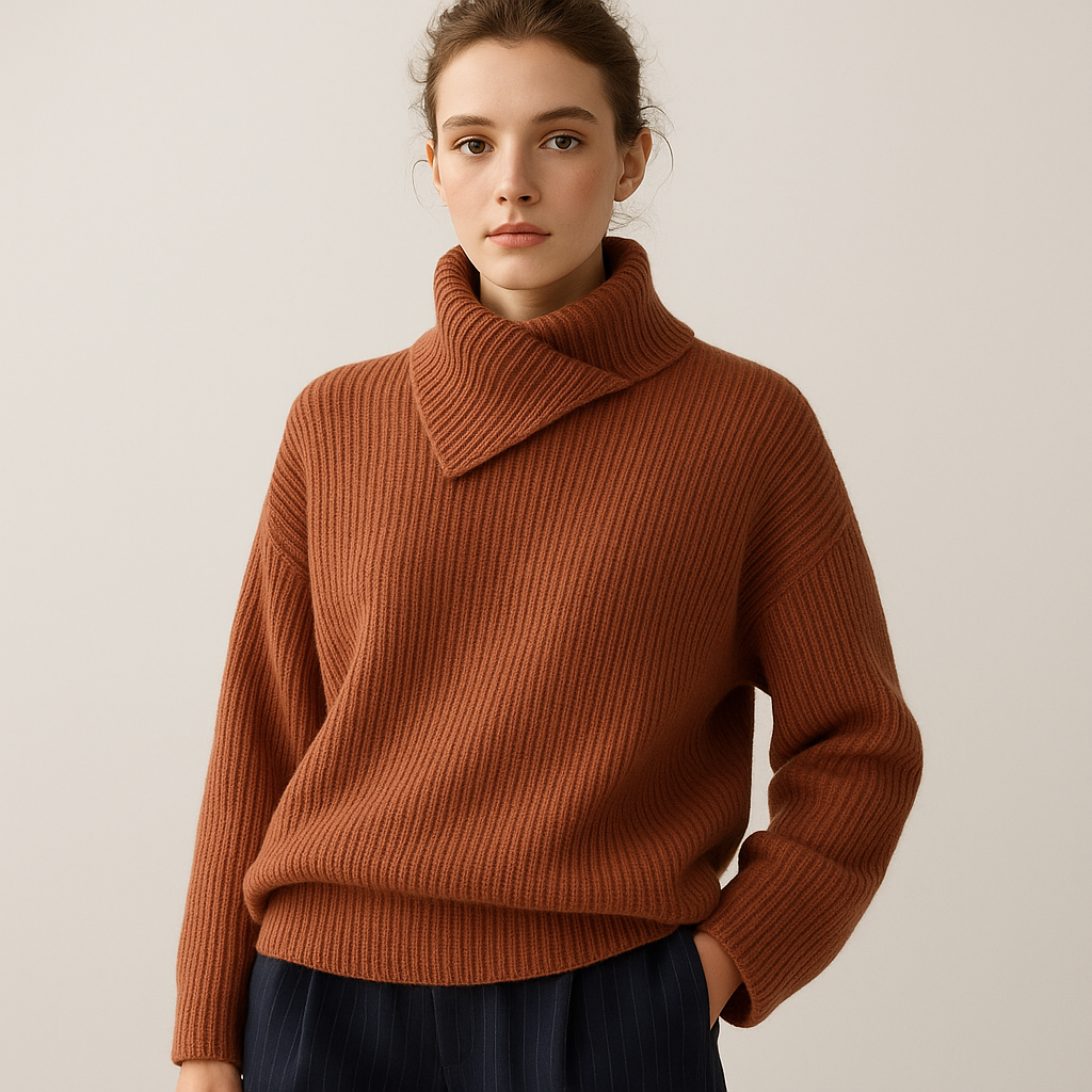 Pull en Laine Ribbé | Col Montant Asymétrique | Coupe Relaxée