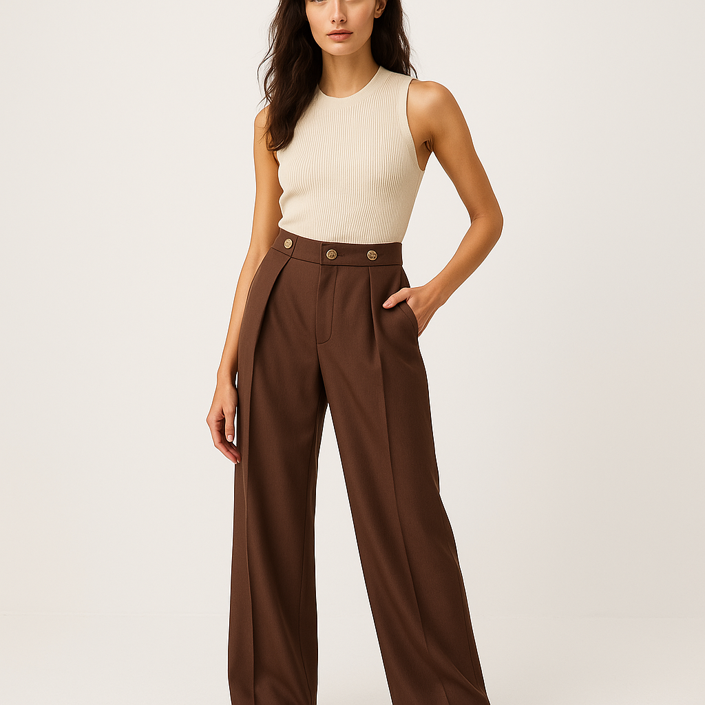 Pantalon large à taille haute | Boutons dorés | Silhouette tailleur moderne