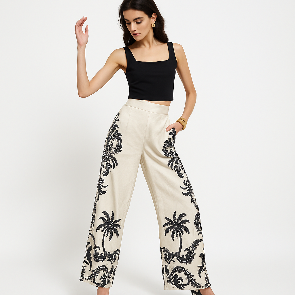 Pantalon Large Tropical | Haut Taille | Léger Élégance Été