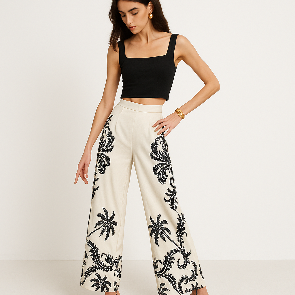 Pantalon Large Tropical | Haut Taille | Léger Élégance Été
