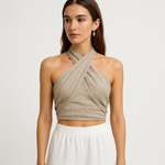 Load image into Gallery viewer, Linen Cross Halter Top | Draped Front | Cropped Fit
