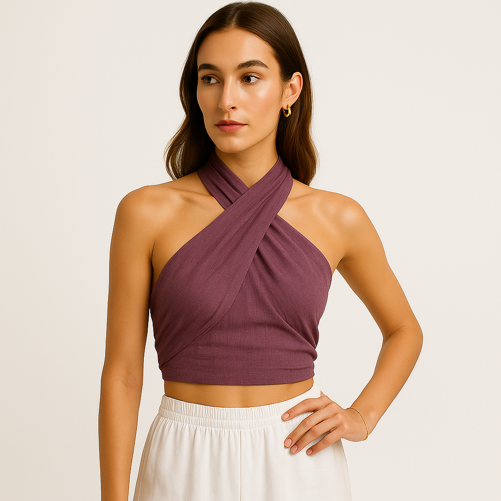 Linen Cross Halter Top | Draped Front | Cropped Fit