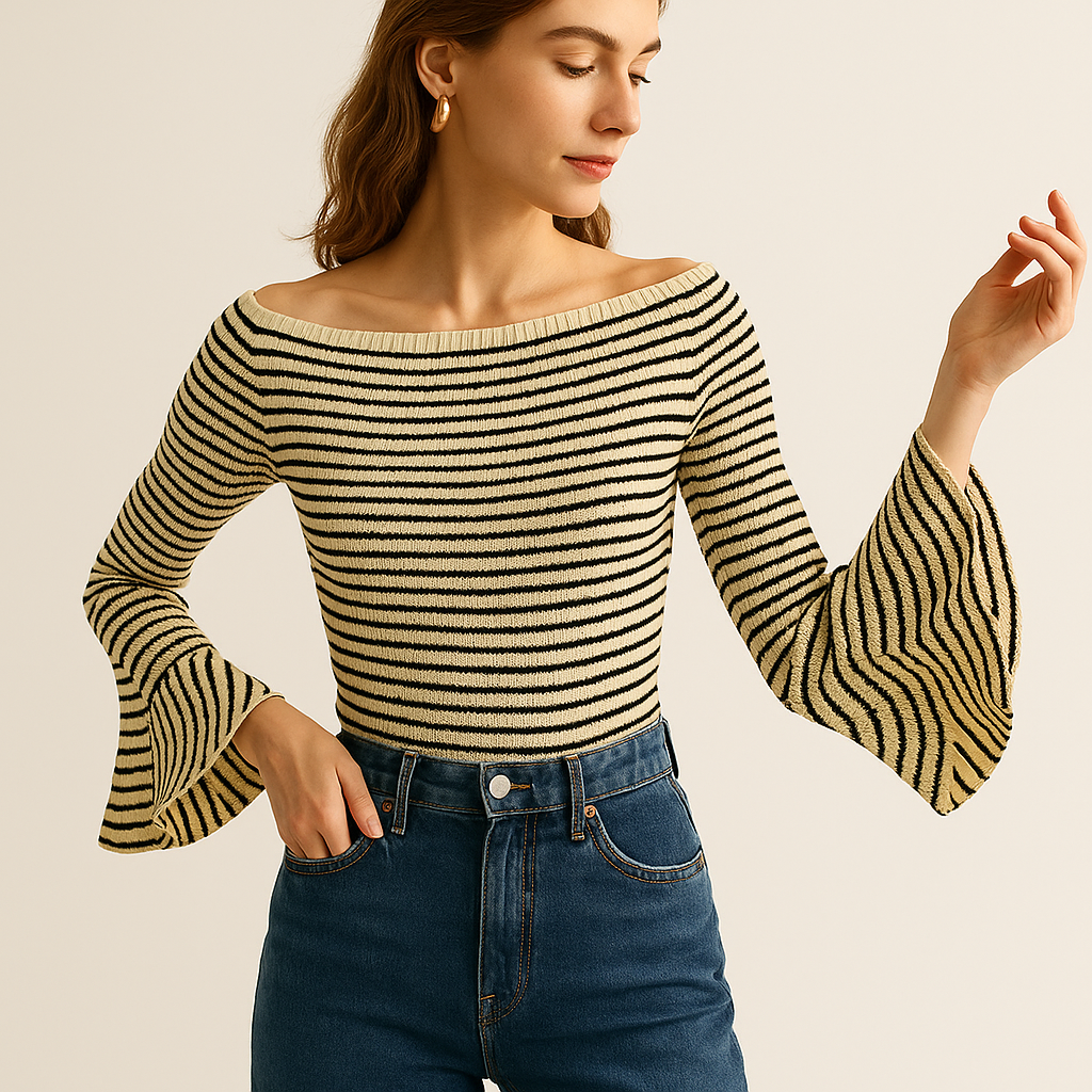 Haut Rayé en Maille Rib | Off-Shoulder | Manches Évasées
