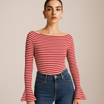 Load image into Gallery viewer, Striped Rib-Knit Top | Off-Shoulder | Flared Sleeves
