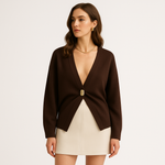 Load image into Gallery viewer, Minimalist Gold Button Cardigan | Deep V Neck | Refined Modern Knit
