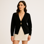 Load image into Gallery viewer, Minimalist Gold Button Cardigan | Deep V Neck | Refined Modern Knit
