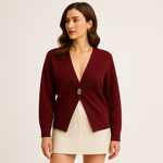 Load image into Gallery viewer, Minimalist Gold Button Cardigan | Deep V Neck | Refined Modern Knit

