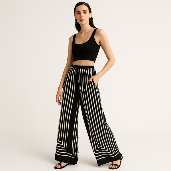 Wide-Leg Silk Trousers | Geometric Stripes | Effortless Modern Look