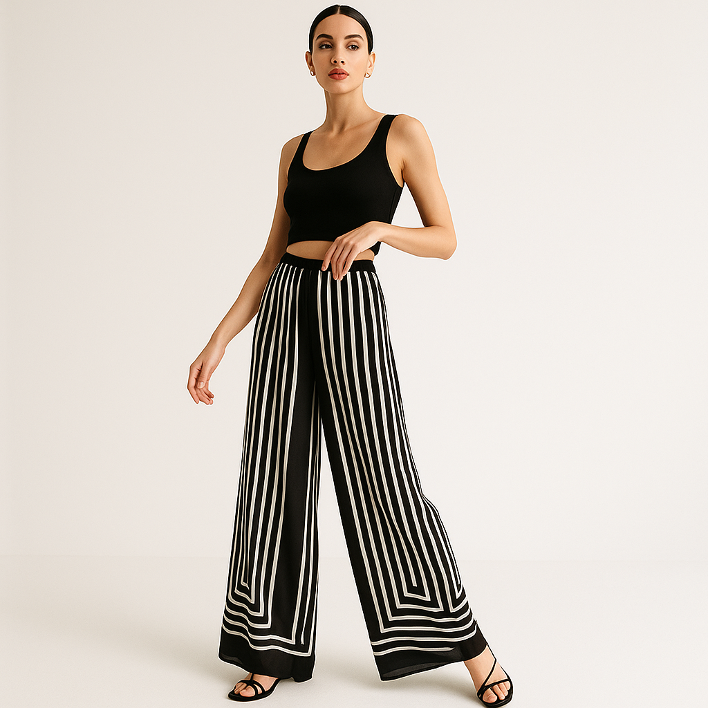 Pantalon Large en Soie | Rayures Géométriques | Look Moderne Sans Effort