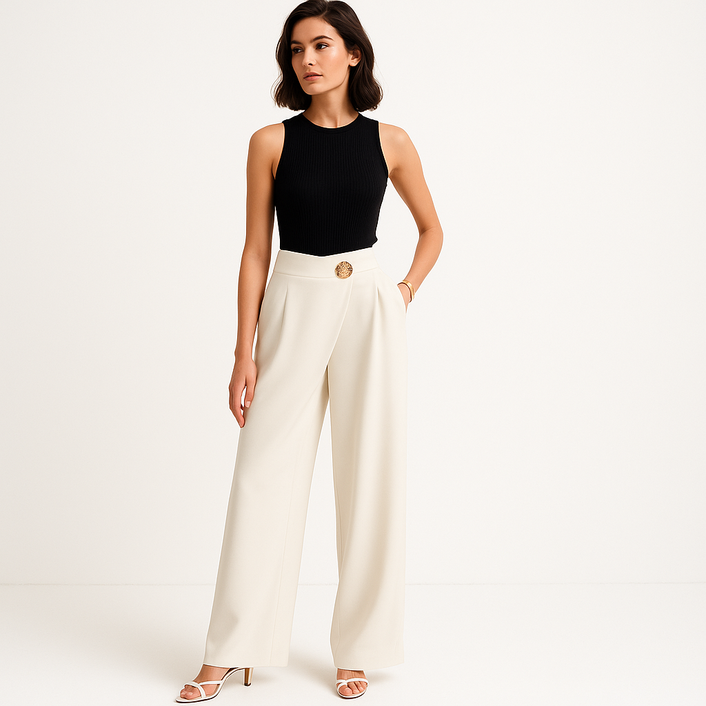 High-Waist Wrap Trousers | Gold Button Detail | Refined Flowing Silhouette