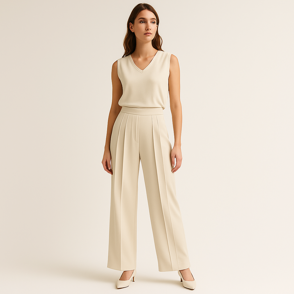 Pantalon Large Plissé Haut Taille | Beige
