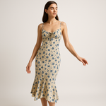 Load image into Gallery viewer, Élise Floral Midi Dress | Blue Petal Print | Romantic French Silhouette
