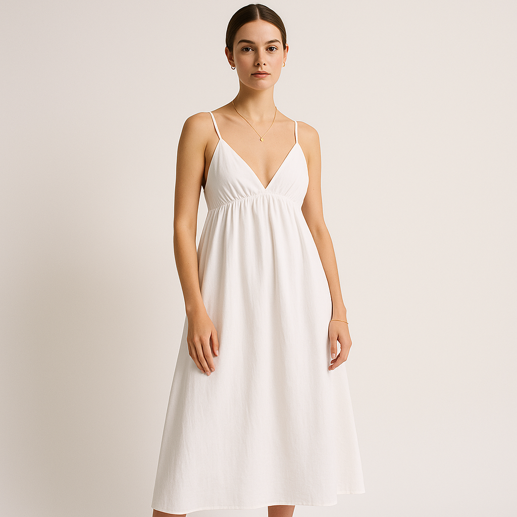 Cotton Midi Dress | V-Neck | Adjustable Spaghetti Straps