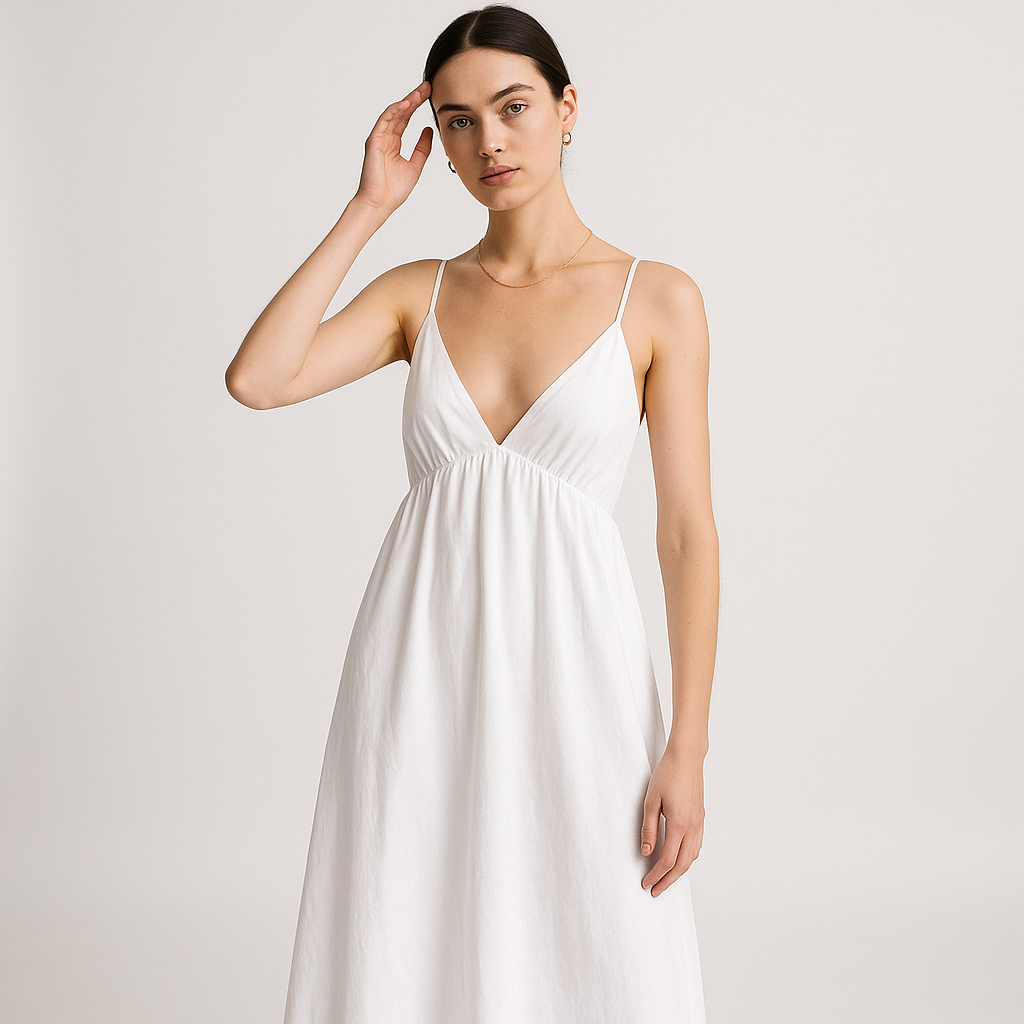 Cotton Midi Dress | V-Neck | Adjustable Spaghetti Straps