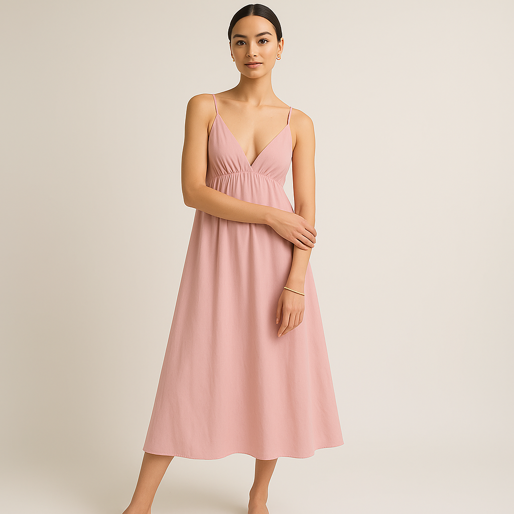 Cotton Midi Dress | V-Neck | Adjustable Spaghetti Straps