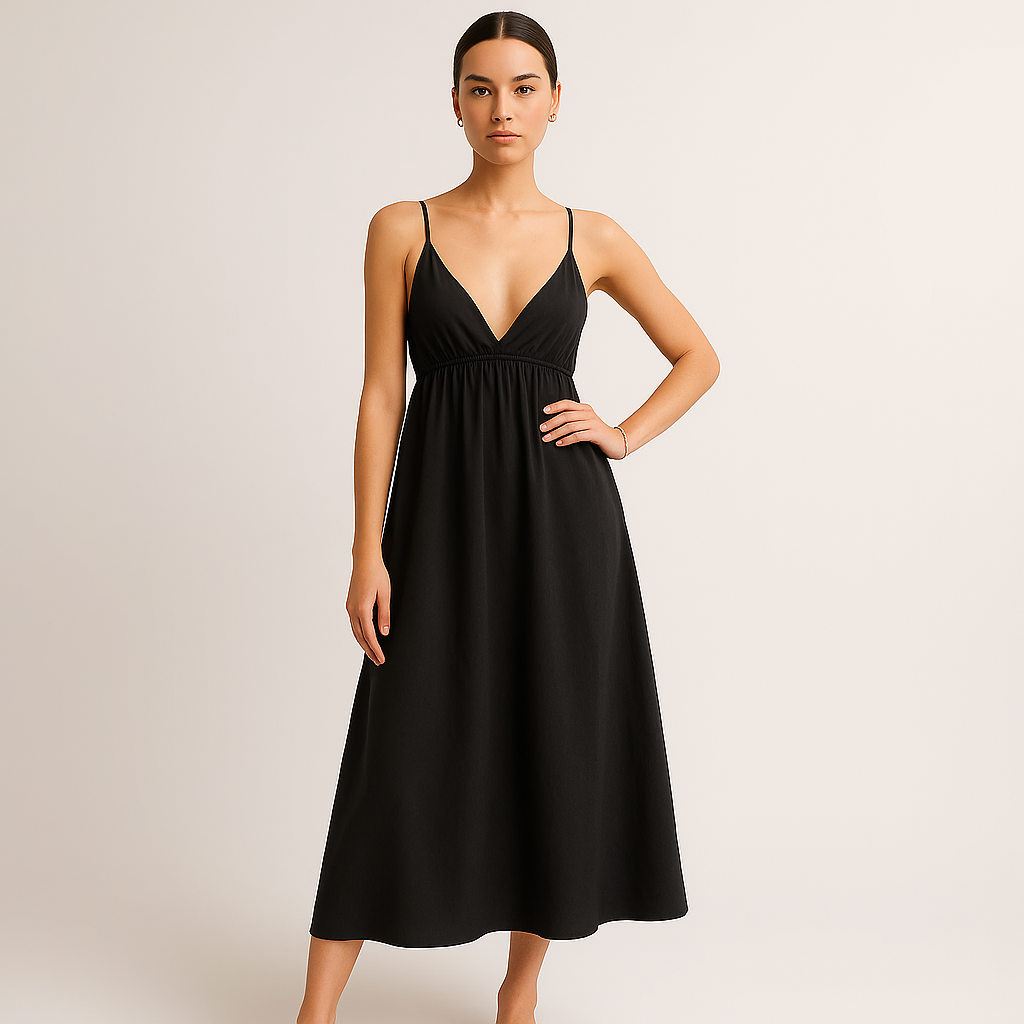 Cotton Midi Dress | V-Neck | Adjustable Spaghetti Straps