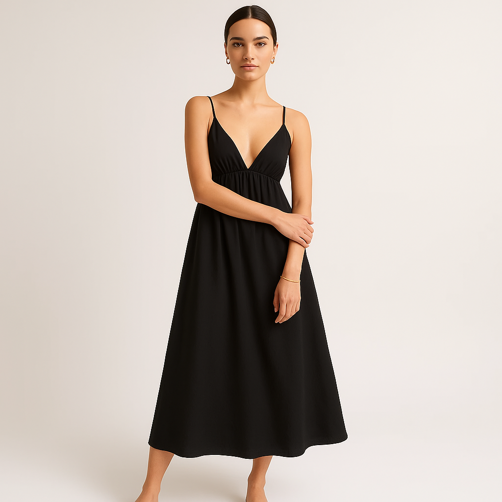 Robe Midi en Coton | Col V | Bretelles Ajustables